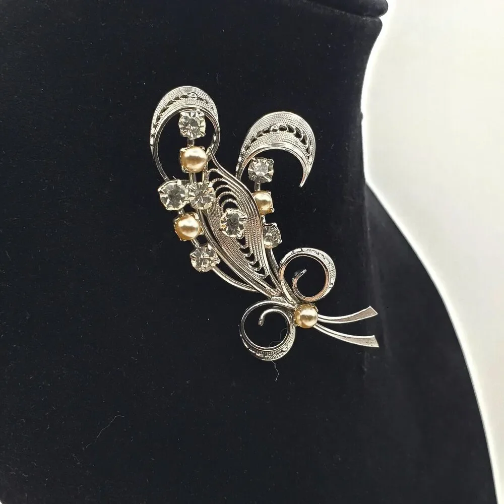 Silver Tone Filigree Brooch Floral‎ Spray Faux Pearl Rhinestone Pin Bow Ribbon